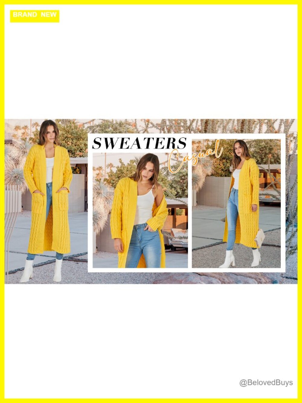 Open Front Cable Knit Long Cardigan Sweater Coat with Pockets - Picture 6 of 6